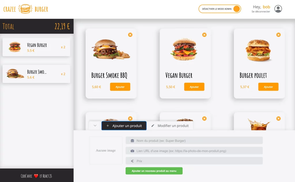 capture écran du projet web crazee burger